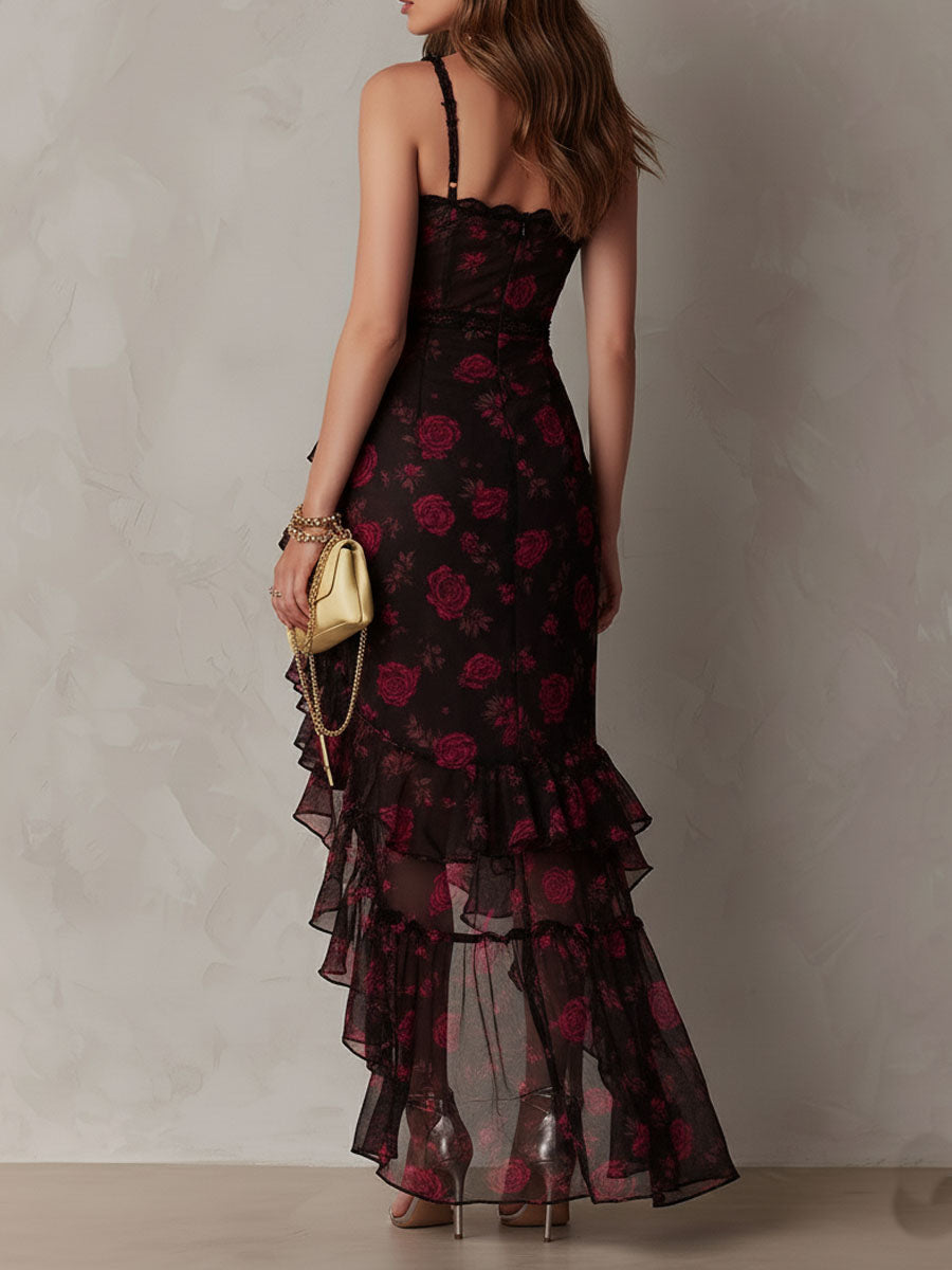 Chic Black and Red Dress with Flowers and Ruffles at the Hem