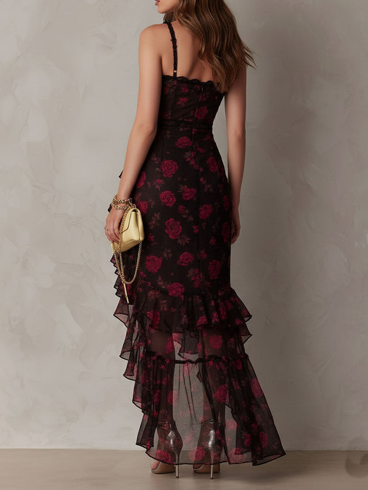 Chic Black and Red Dress with Flowers and Ruffles at the Hem