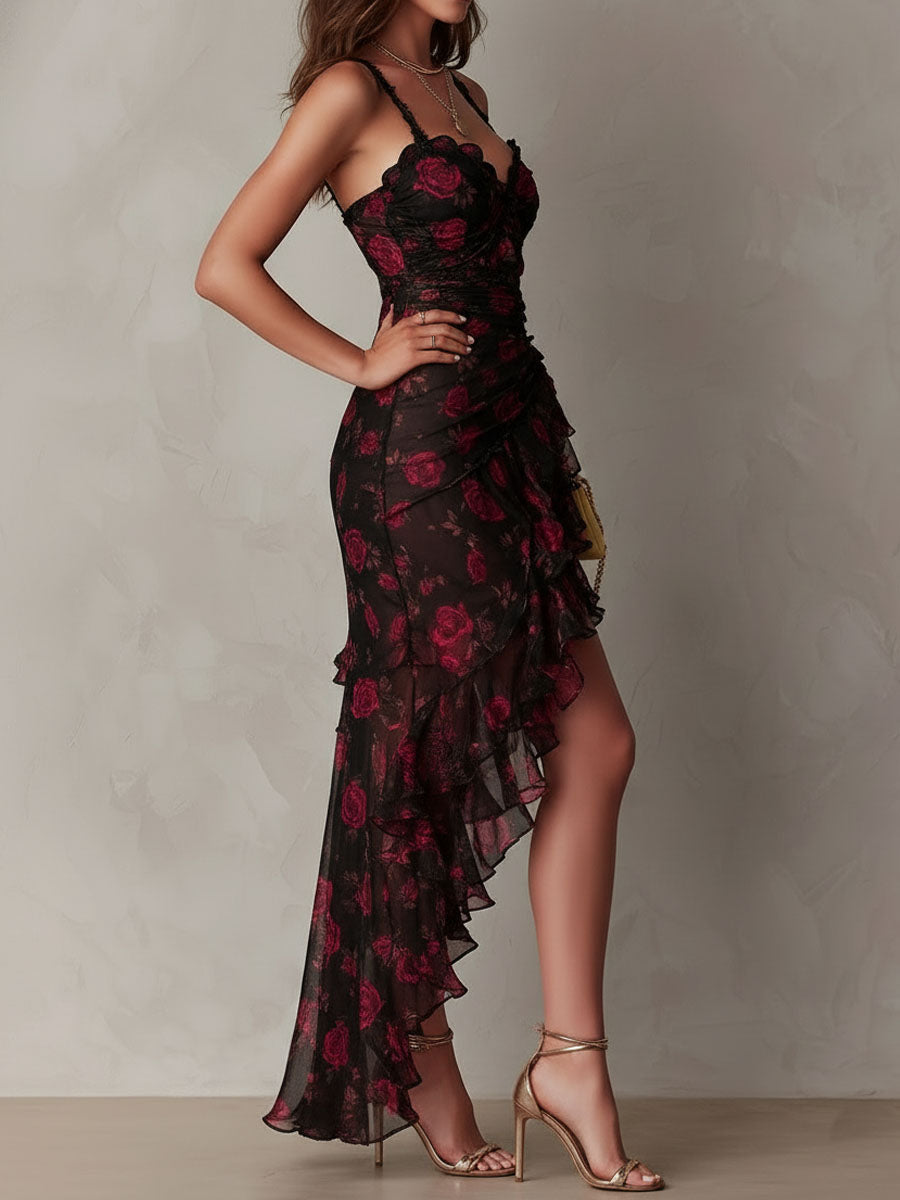 Chic Black and Red Dress with Flowers and Ruffles at the Hem