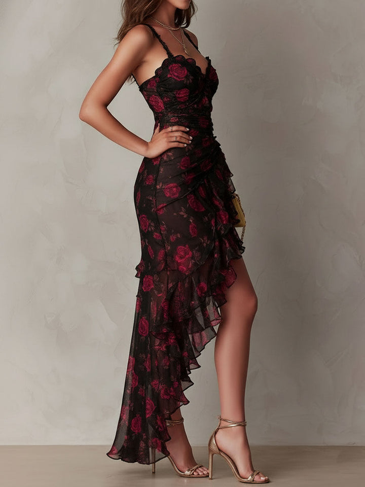 Chic Black and Red Dress with Flowers and Ruffles at the Hem