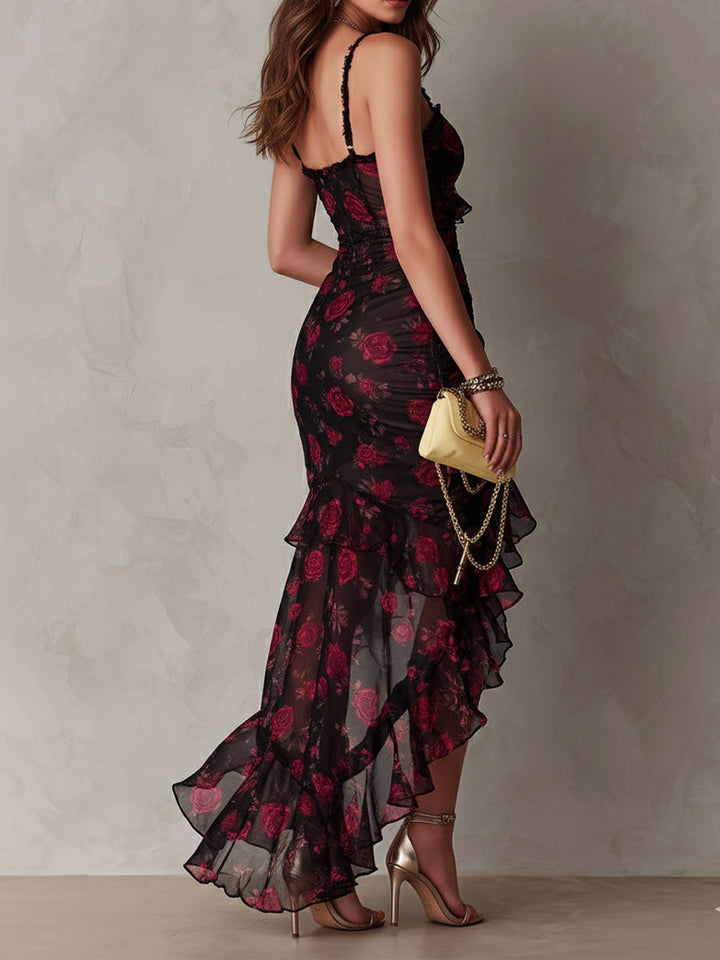 Chic Black and Red Dress with Flowers and Ruffles at the Hem