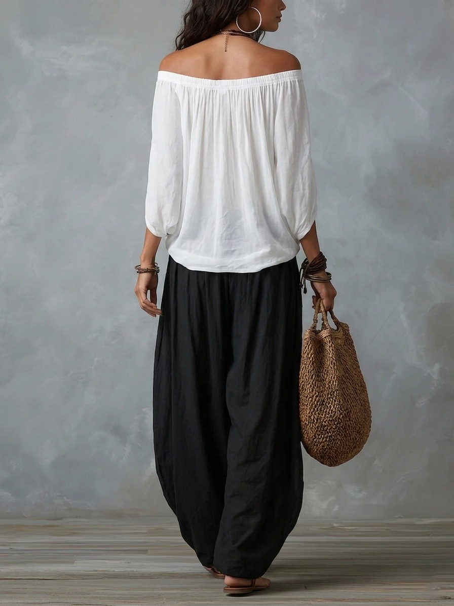 White Off-the-Shoulder Top and Wide Lantern Trouser Set