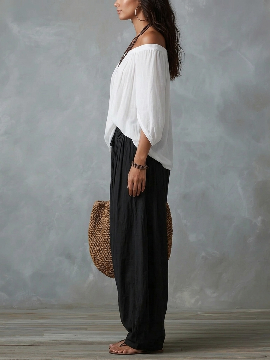 White Off-the-Shoulder Top and Wide Lantern Trouser Set