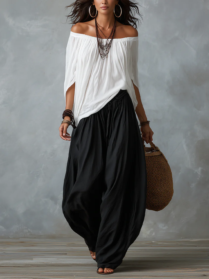 White Off-the-Shoulder Top and Wide Lantern Trouser Set