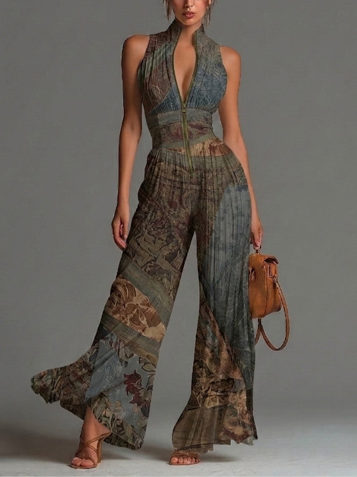 Sleeveless chiffon jumpsuit with bohemian ethnic print, zip, and wide pleated trousers