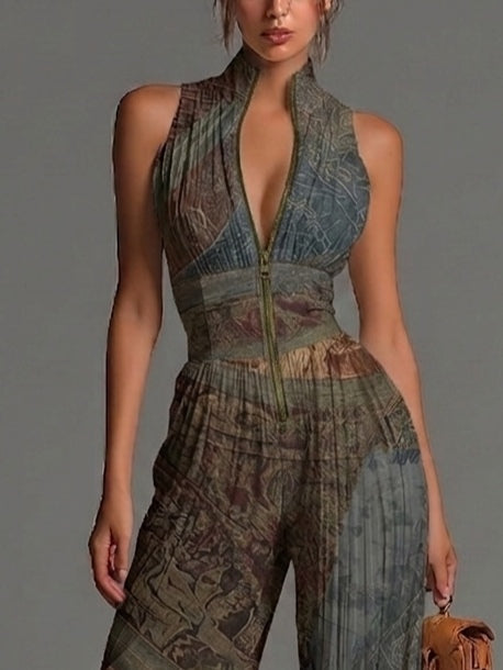 Sleeveless chiffon jumpsuit with bohemian ethnic print, zip, and wide pleated trousers