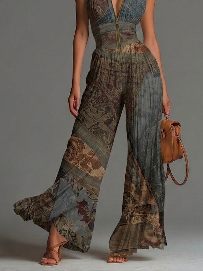 Sleeveless chiffon jumpsuit with bohemian ethnic print, zip, and wide pleated trousers