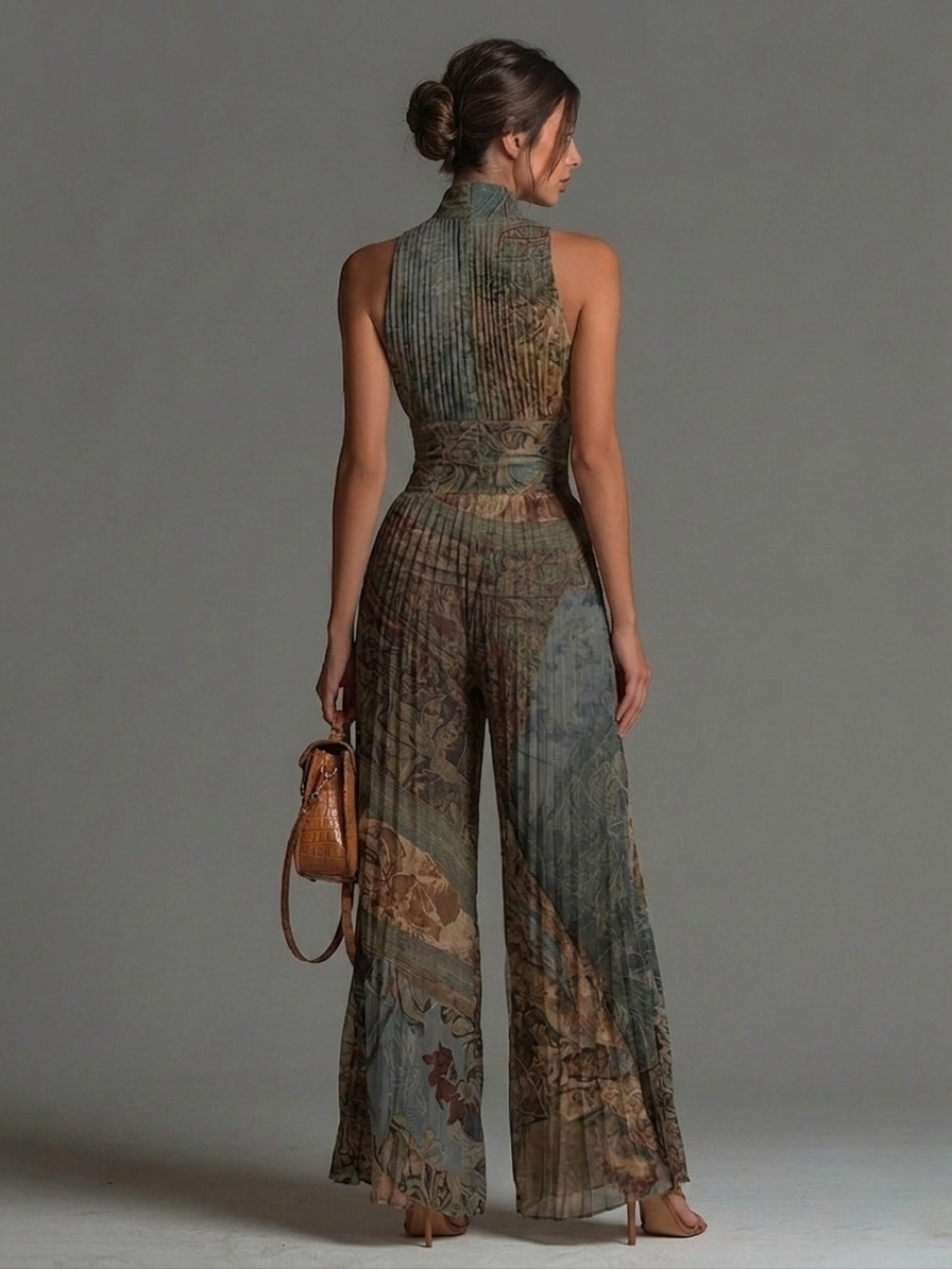 Sleeveless chiffon jumpsuit with bohemian ethnic print, zip, and wide pleated trousers