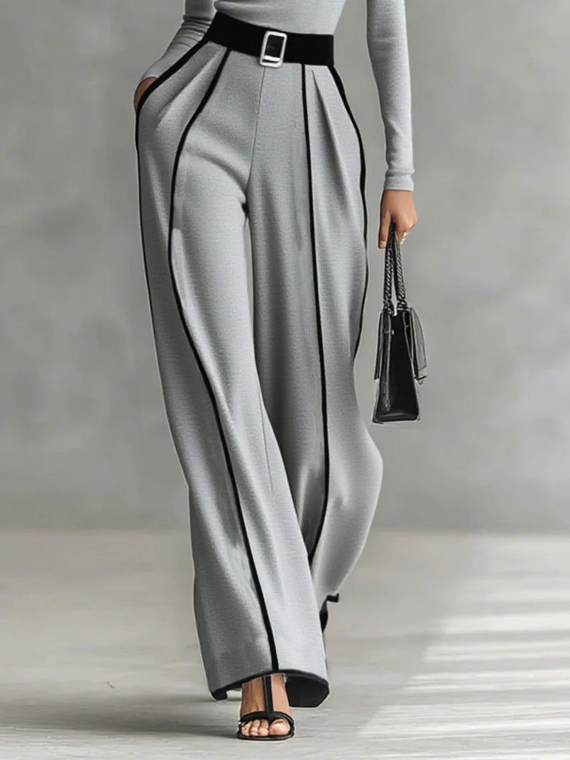 REFINED HIGH-NECK TOP & WIDE-LEG TROUSERS SET (FREE BELT)