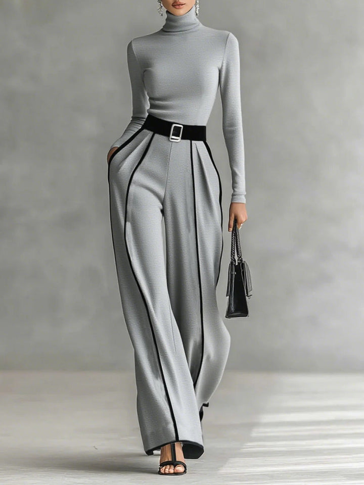 REFINED HIGH-NECK TOP & WIDE-LEG TROUSERS SET (FREE BELT)