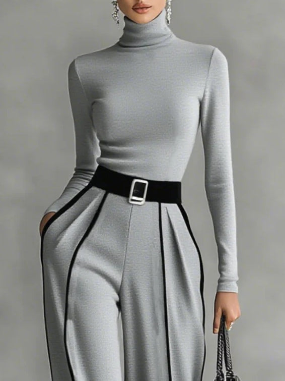 REFINED HIGH-NECK TOP & WIDE-LEG TROUSERS SET (FREE BELT)