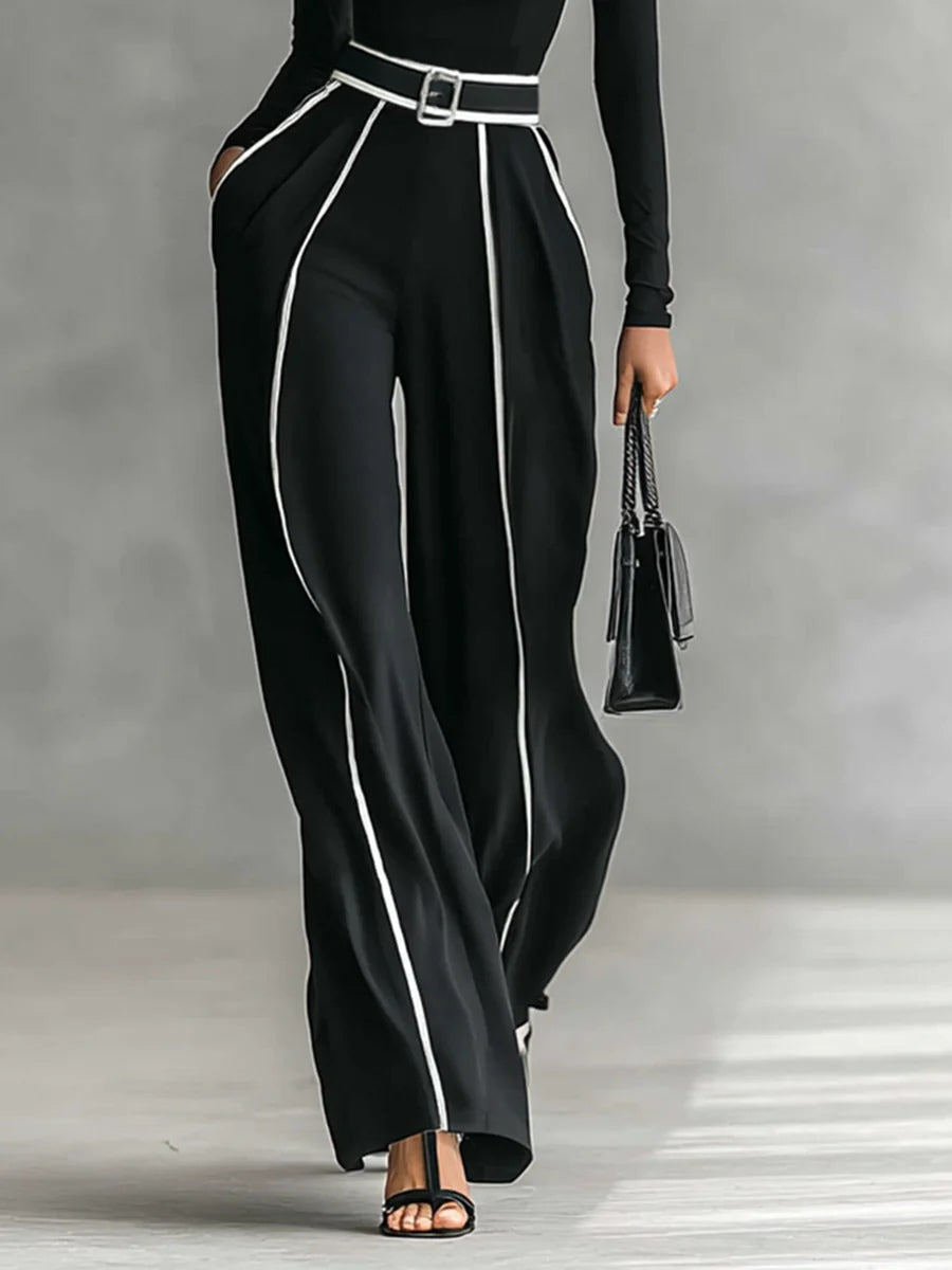 REFINED HIGH-NECK TOP & WIDE-LEG TROUSERS SET (FREE BELT)