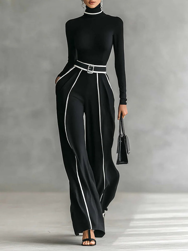 REFINED HIGH-NECK TOP & WIDE-LEG TROUSERS SET (FREE BELT)
