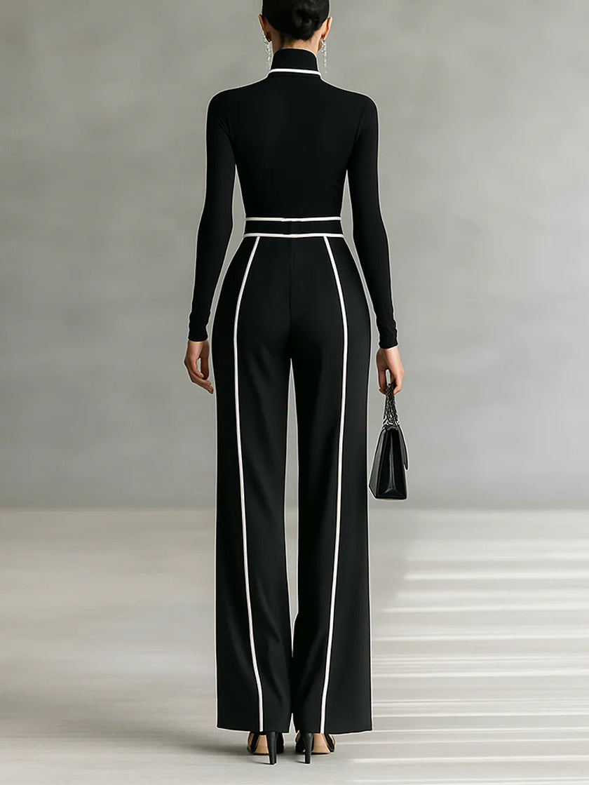 REFINED HIGH-NECK TOP & WIDE-LEG TROUSERS SET (FREE BELT)
