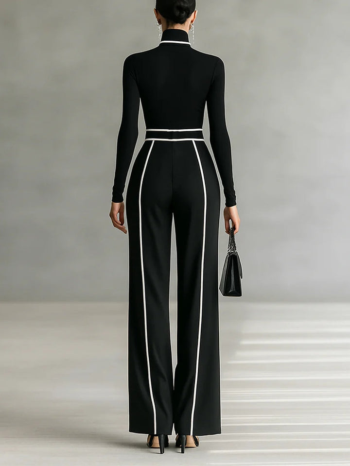 REFINED HIGH-NECK TOP & WIDE-LEG TROUSERS SET (FREE BELT)