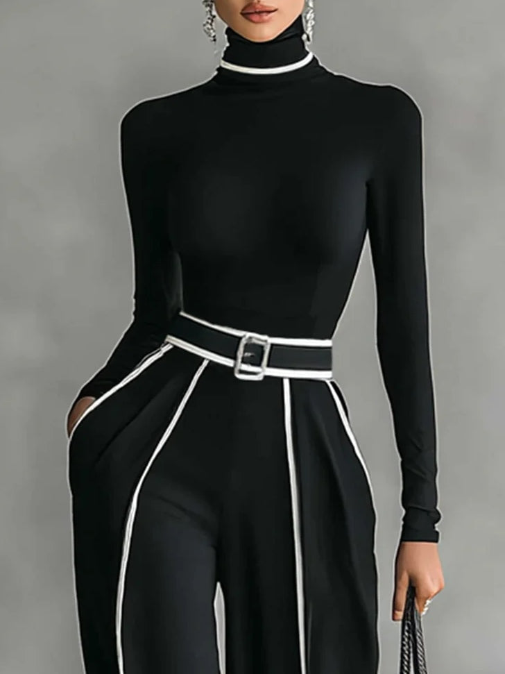REFINED HIGH-NECK TOP & WIDE-LEG TROUSERS SET (FREE BELT)