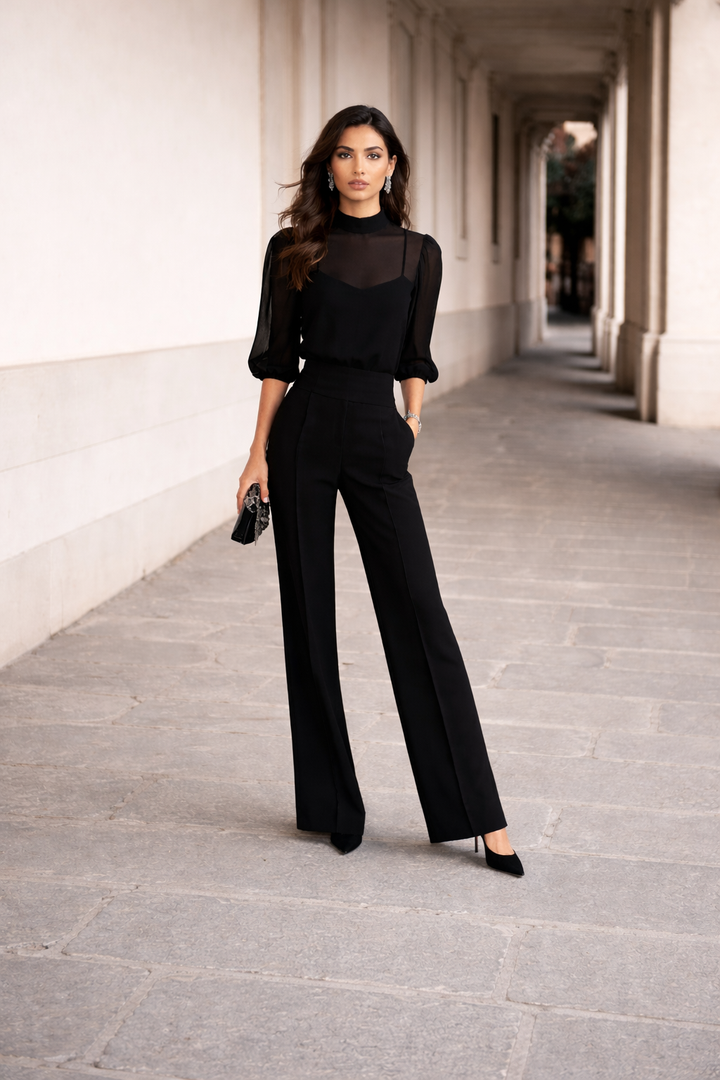 Valentina | Three-Piece Set Comprising a Sheer Camisole and Wide-Leg Trousers.