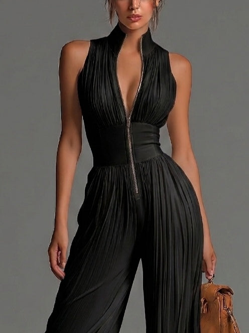 Black sleeveless jumpsuit with V-neck, zip, pleated and wide-leg in chiffon