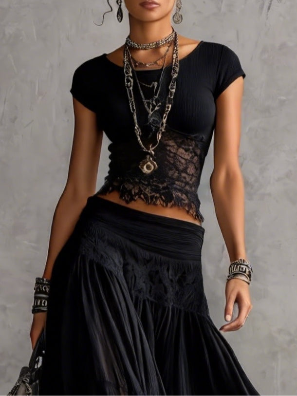 Set Top in Transparent Black Lace and Maxi Pleated Skirt