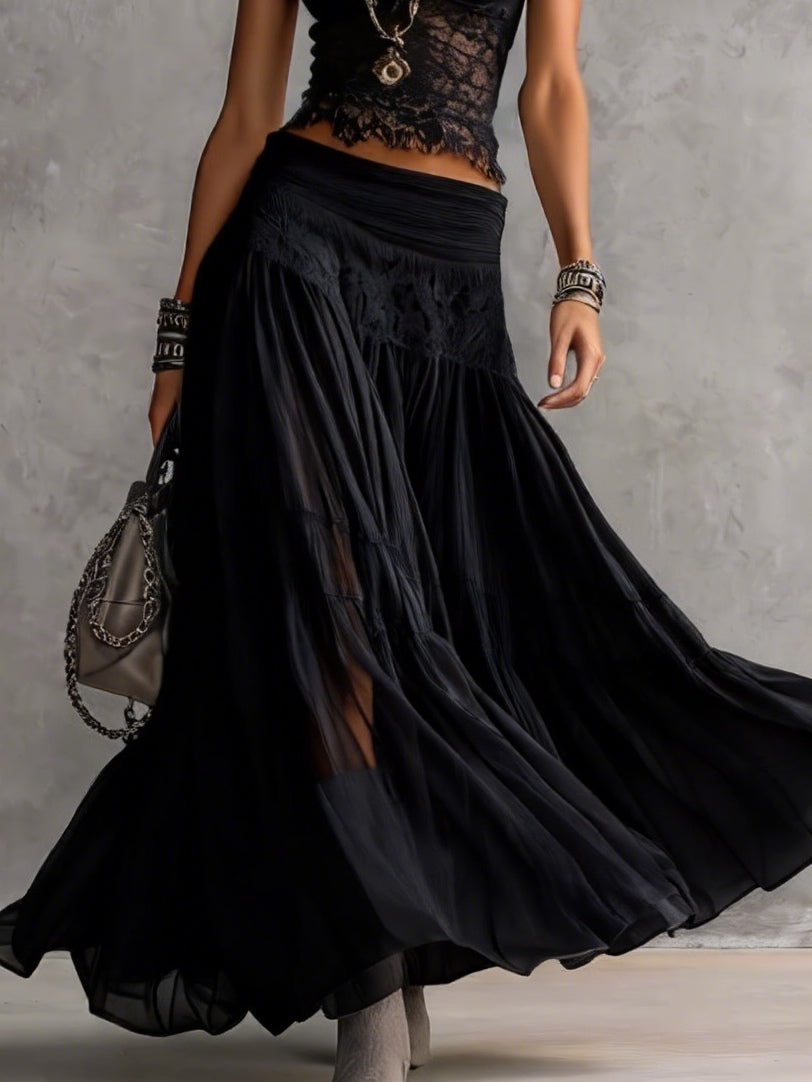 Set Top in Transparent Black Lace and Maxi Pleated Skirt
