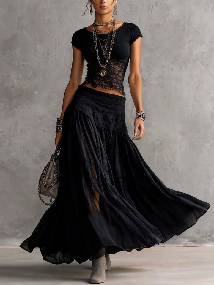 Set Top in Transparent Black Lace and Maxi Pleated Skirt